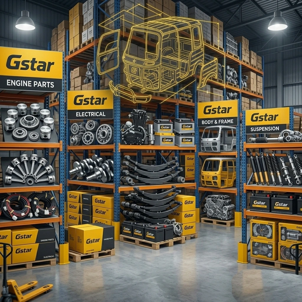 Warehouse shelves with tricycle spare parts